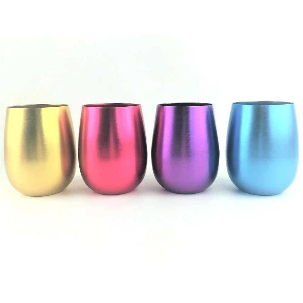 Retro Aluminum Stemless Wine Glasses - Set 4 - Unbreakable Metal Cups 19 oz MCM
